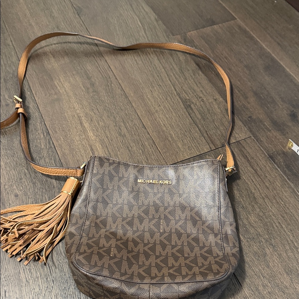 Michael Kors Tan and Brown Logo Crossbody Bag